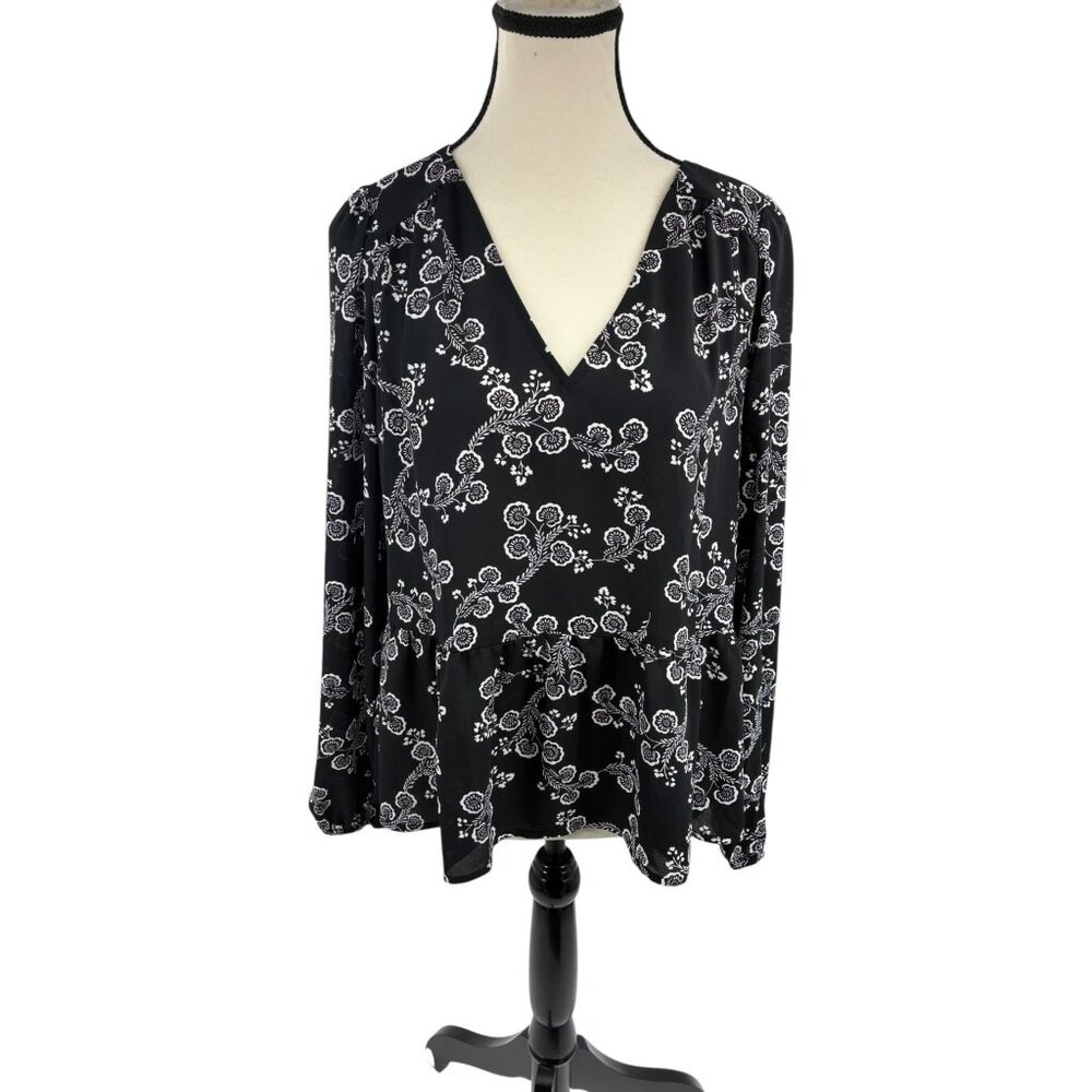 Loft Womens S Blouse Black White Floral Print Long Sleeve V Neck Peplum Top